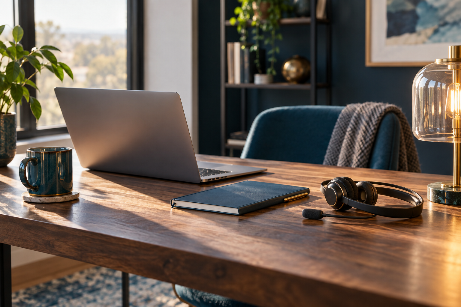 An organized desk with a laptop, notebook, and headset